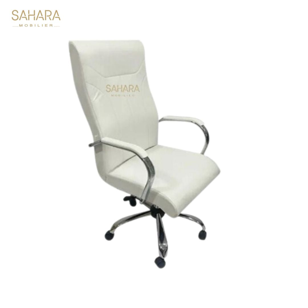 fauteuil en simili cuir blanc avec roulettes sur 5 branches chromé